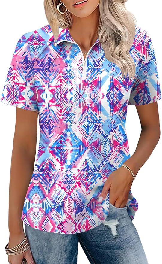 LOMON Womens Golf Polo Shirt Summer Short Sleeve Quarter Zip Outfit | Side-Pockets,Princess Seams,Cotton,Wrinkle Free,Moisture Wicking,Quick-Dry,Lightweight,Collared,for Tennis Workout