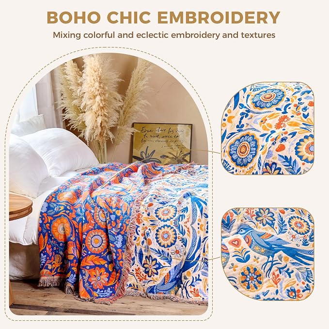 LUTBM Boho Throw Blanket for Bed 60"x80", All Season Cotton Couch Blankets | Reversible Floral Bird Jacquard, Muslin Gauze Twin Quilt, Lightweight & Breathable, For Chair Sofa Bedroom Living Room Decor