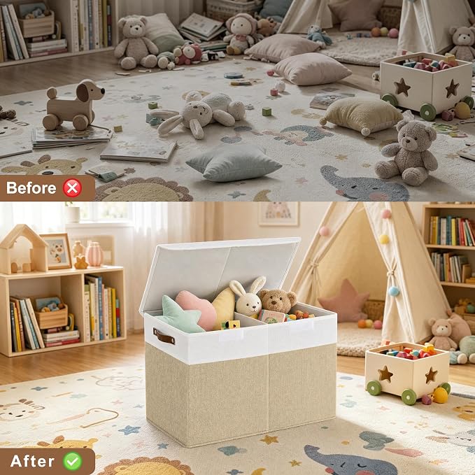 Large Toy Storage Box with Lids, Collapsible Sturdy Baby Storage Organizer Chest Bin Basket for Kids, Boys, Girls, Playroom, Nursery, Bedroom, Closet 25"x13"x16" (Beige and White)