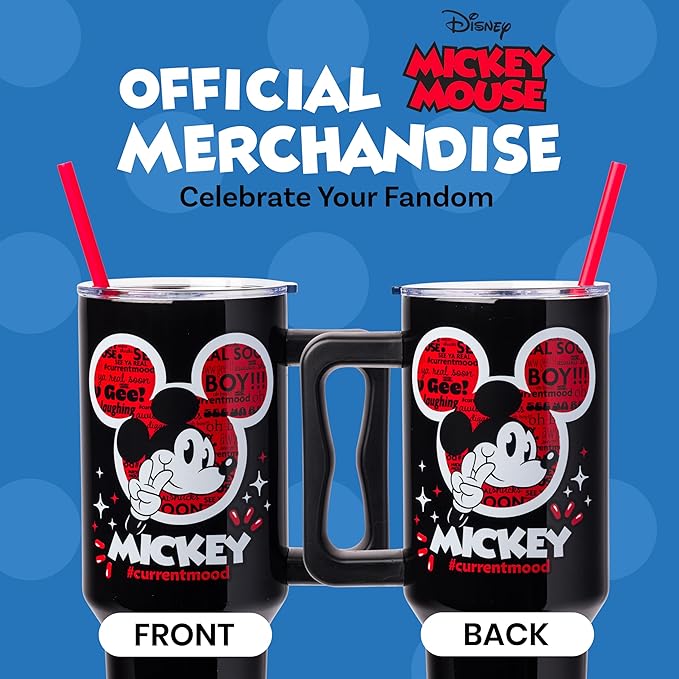 Silver Buffalo Disney Classic Mickey Mouse Hashtag Current Mood “#currentmood” Double Walled Stainless Steel Tumbler with Handle and Straw, Fits in Standard Cup Holder, 40 Ounces
