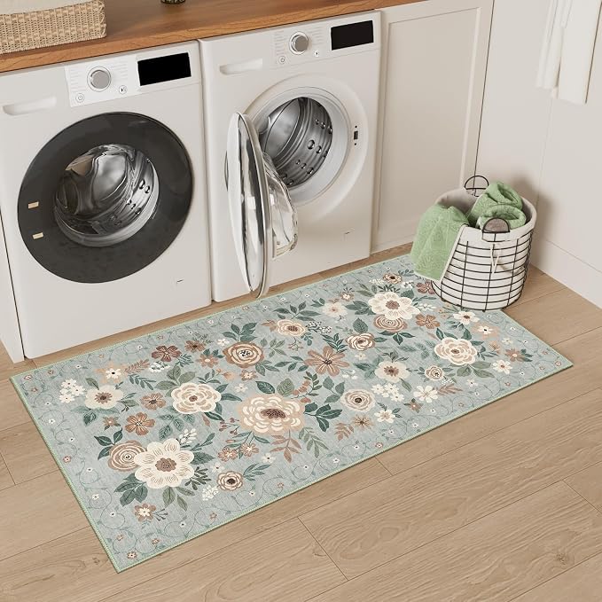 DUKINO 2x4 Entryway Rug, Floral Washable Kitchen Rugs Non Slip, Sage Green | Low Pile, Soft Indoor Runner Rug for Hallway, Bedroom, Bathroom, Laundry, Pet Friendly, Modern Home Decor, Stain Resistant