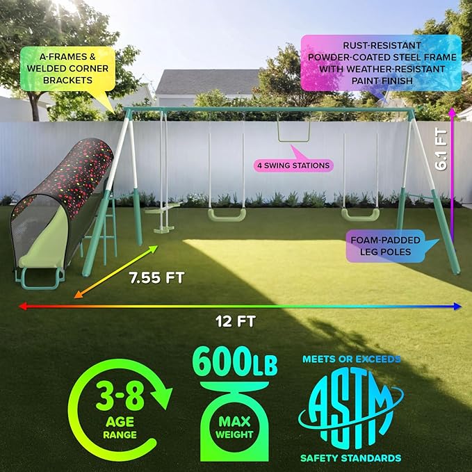 Sportspower Arcadia Light Zone Metal Swing Set for Kids, Outdoor Playset with LED Light-Up 5ft Slide, Slide Tunnel, Swings & Trapeze, 6ft Heavy-Duty Steel Frame, 600lbs Capacity
