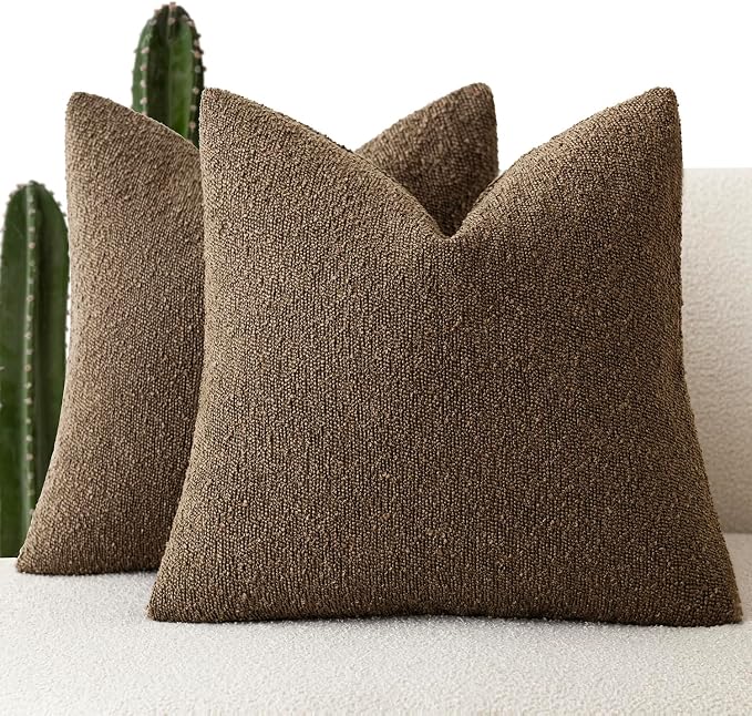 Foindtower Pack of 2 Textured Boucle Throw Pillow Covers Accent Solid Decorative Pillow Cases Cozy Woven Couch Cushion Case for Sofa Bedroom Living Room Home Decor 20x20 Inch Chocolate