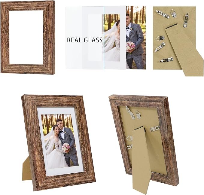 Hongkee 5x7 Picture Frame Set of 4, Made of Real Glass and Rustic Brown Wooden Frame, 5 by 7 Photo for Wall or Tabletop - Display Picture 4x6 with Mat or 5x7 Without Mat