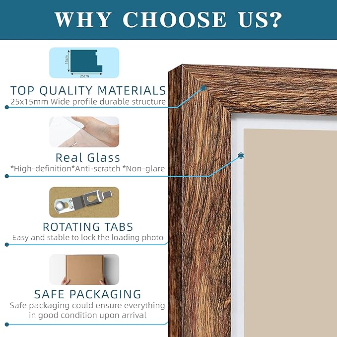 Hongkee 10x10 Picture Frame Set of 4, Made of Glass and Rustic Brown Wooden Frame - Display Picture 8x8 with Mat or 10 x 10 Without Mat, 10 by 10 Photo for Wall or Tabletop
