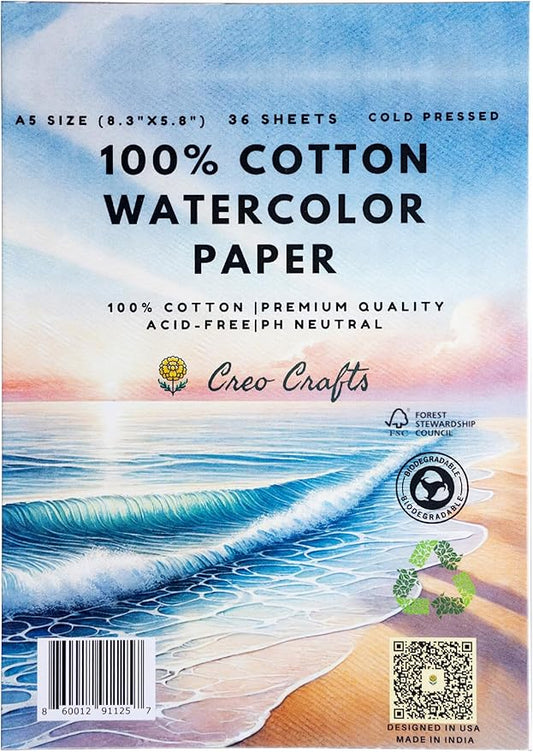 Creo Crafts 100% Cotton Watercolor Paper Pad 8x5” – 36 Sheets, A5, Cold Pressed, Acid-Free, pH Neutral, Premium Artist-Grade Paper for Painting, Drawing & Mixed Media