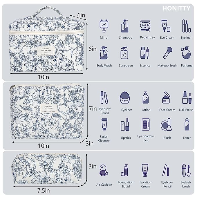 honitty Makeup Bag,Quilted Cosmetic Bags,Large Floral Make Up Organize bag,Makeup Bag Set for Women,Flower Travel Toiletry Bag