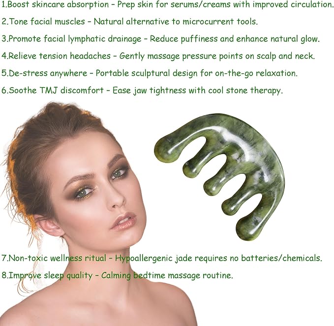 Meridian Massage Comb for Face & Scalp, Natural Stone, Stimulates Blood Circulation, Promotes Meridian Flow, Multi-Purpose Head Massager for Relaxation & Wellness (Jade-Green_Comb)
