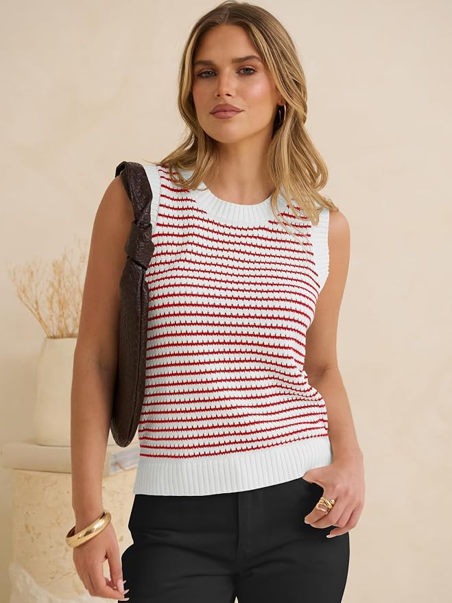 ANRABESS Womens Sleeveless Sweater Vest Striped Tank Tops | Crochet Knit Crew Neck, Lightweight Soft Comfy, Vacation Travel Work Casual Outfits, Sping Summer Layering Clothes