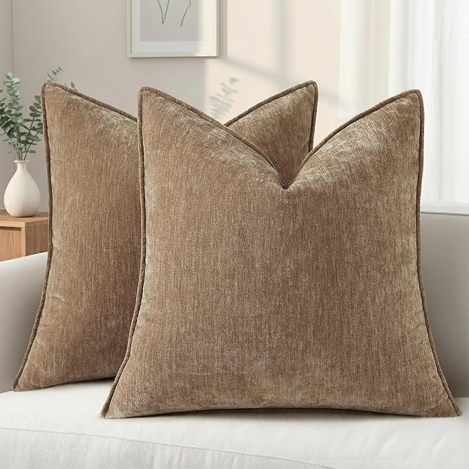 decorUhome Chenille Brown Velvet Throw Pillow Covers 26x26 Set of 2 | Fall Soft Euro Sham Couch Decorative Modern Farmhouse Pillow Cases with Elegant Design for Sofa Bed Living Room Home Decor