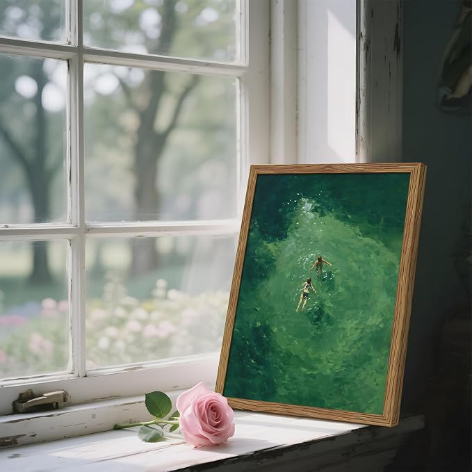 Framed Green Abstract Wall Art, Vintage Summer Swimming Canvas Wall Decor Painting, Minimalist Dark Green Water Landscape Poster Print Picture for Bathroom Bedroom Living Room 16x24 Inch