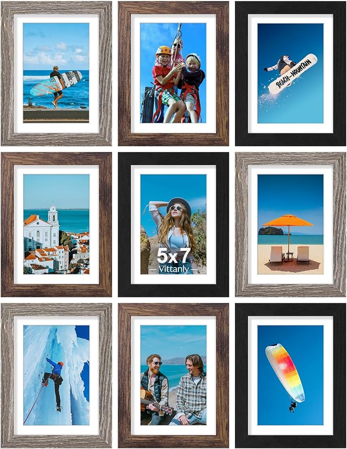 Vittanly 5x7 Picture Frames Set of 9, Black&Brown&Dark Grey | Display Pictures 4x6 with Mat or 5x7 without Mat, Small Photo Frames, Engineered Wood with Shatter Resistant Plexiglass
