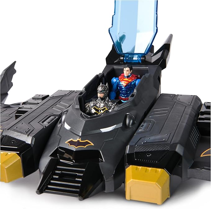 DC Comics, Metal Force Transforming Batwing, 2-in-1 Playset, Includes Batman and Superman Figures, with Projectiles and Character Cards, Kids Toy for Boys Ages 4 and Up