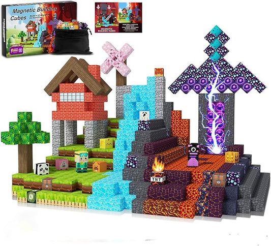 JOMBY 208 PCS Magnetic Blocks - Forest & Volcano Adventure Set, Magnetic Building Blocks Cubes, STEM Sensory Educational Magnet Stacking Toys Boys and Girls Age 3+ Years Old