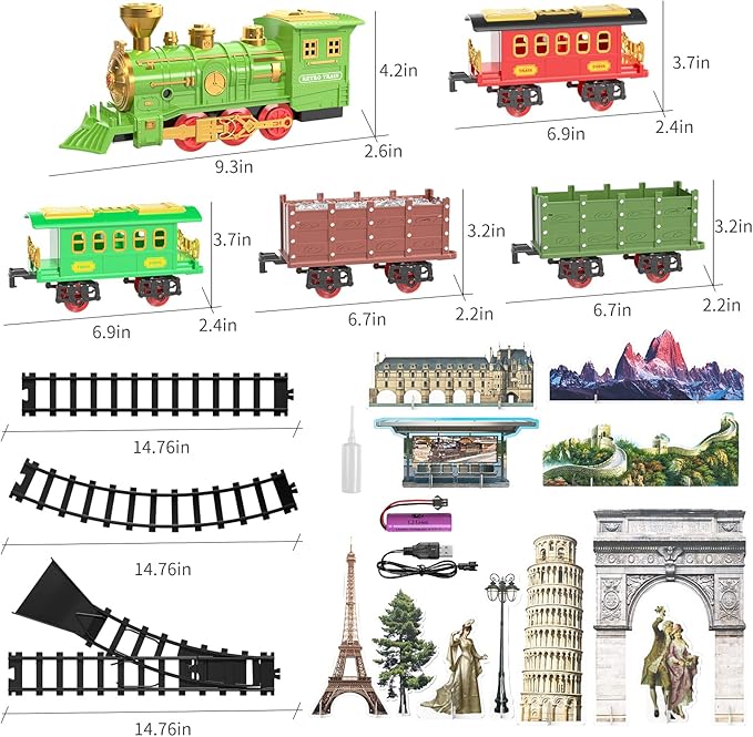 TEMI Large Train Set - Kids Electric Train Toy with 3 Way Smoke Locomotive, Light and Sounds, Cargo Cars and Long Tracks, Gift Train Sets for Boys & Girls 3 4 5 6 7 8+ Years