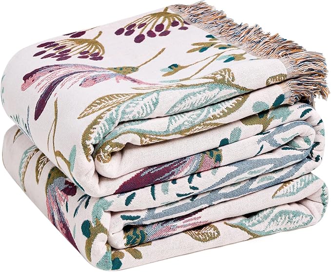 LUTBM Boho Throw Blanket for Couch 50"x60", Cotton Decorative Bed Throw | Reversible Floral Jacquard, All-Season Muslin Blanket, For Chair Sofa Bedroom Living Room Decor, Lightweight Breathable Gauze