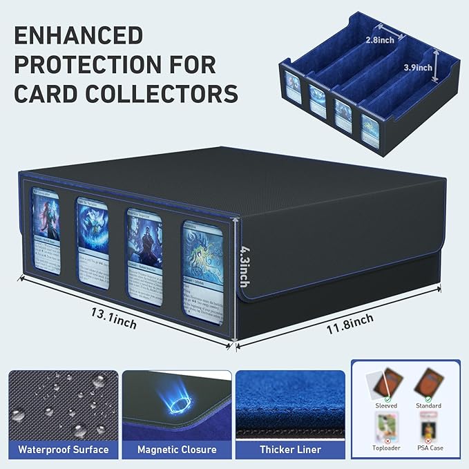 4-Row Trading Card Storage Box, Bulk Cards Case for 3200+ Mtg tcg Magic Playing Game Card Organizer, Commander Deck Box with 4 Supports & 24 Dividers & Strap