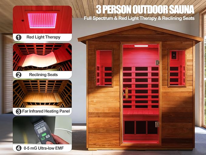 Full Spectrum Sauna, 0-5mG Ultra Low EMF Infrared Sauna 3 Person Outdoor Sauna 1950W 20Amps Far Infrared Sauna Mahogany Wooden Sauna with Red Light Therapy, Reclining Seats