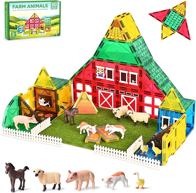 Magnetic Tiles with Farm Animals, 50PCS Magnetic Blocks Building Toys for Age 3-5 4-8 8-12, Construction STEM Magnet Toys Gift for Kids, Boys and Girls