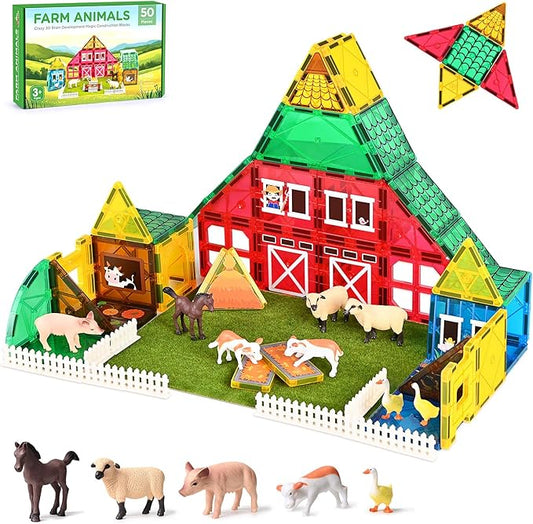 Magnetic Tiles with Farm Animals, 50PCS Magnetic Blocks Building Toys for Age 3-5 4-8 8-12, Construction STEM Magnet Toys Gift for Kids, Boys and Girls