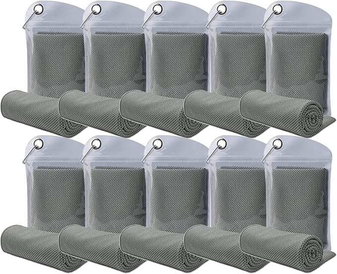 10 Pack Cooling Towels Bulk Microfiber Ice Towel Quick Dry Breathable Chilly Sweat Towel Stay Cool Towel for Neck Face Yoga Gym Workout Running Pilates Beach with Carabin Bag, 40x12'', Gray