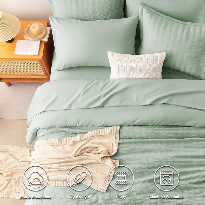 CozyLux Queen Comforter Set Sage Green Seersucker 7 Pieces Bed in a Bag Queen Comforter Set with Sheets, Luxury Soft Bedding Set with Down Alternative Comforter, Sheets, Pillowcases & Shams All Season