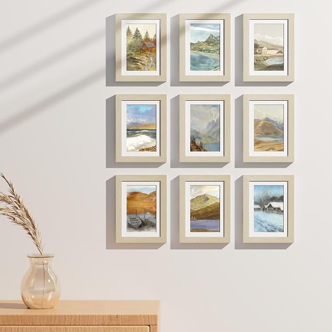 Vittanly 5x7 Picture Frames Set of 9 for Wall Mount or Tabletop, Cornsilk | Display Pictures 4x6 with Mat or 5x7 without Mat, Small Photo Frames, Engineered Wood with Shatter Resistant Plexiglass