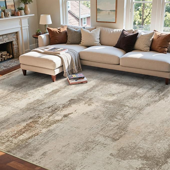 9x12 Ft Extra Large Washable Area Rugs for Living Room, Soft Non-Slip Modern Abstract Print Pattern Carpet for Bedroom Indoor Floor Nursery Home Decor (Pink-Brown/Light tan)