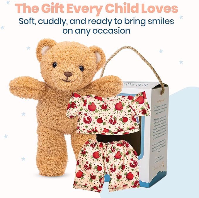 Zip N' Bear Soft Plush Teddy Bear Stuffed Animal with Pomegranate Pajamas - Zippy The Bear Cute Cuddly Plush Toy, Perfect Sensory Teddy for Kids, Toddlers - Adorable Gift & Bedtime Companion