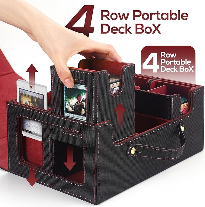 Trading Card Storage Box for MTG, MTG commander deck box，Multi-purpose Deck Case for MTG TCG Sports Card, 4 Toploaders, 4 Stoppers, 4 Colorful Dividers (Black & Red)