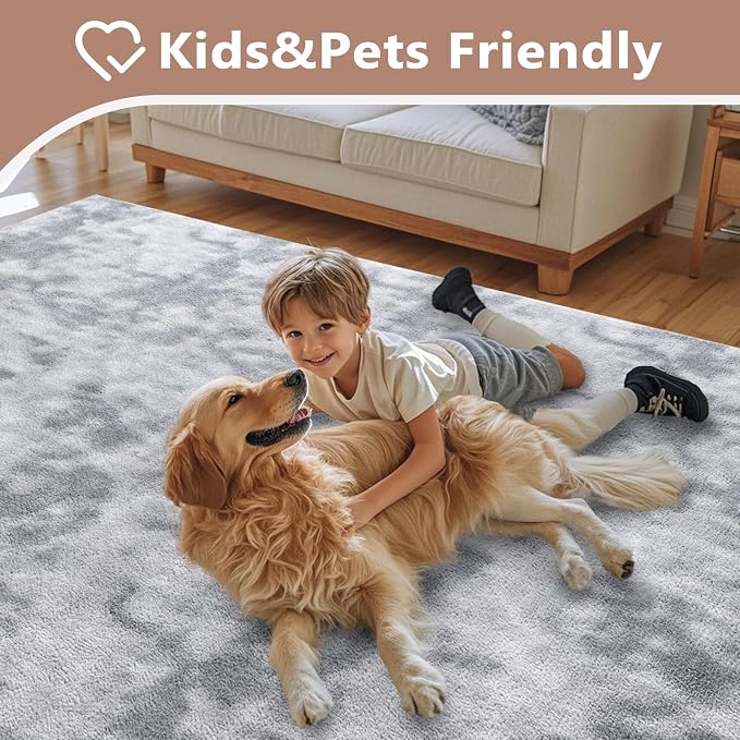 FinRèc 7x10 Washable Area Rugs for Bedroom Living Room, Low Pile Thin Ultra Soft Shag Rug, Non-Slip Carpet Indoor for Home Decor (Tie-dye Grey)