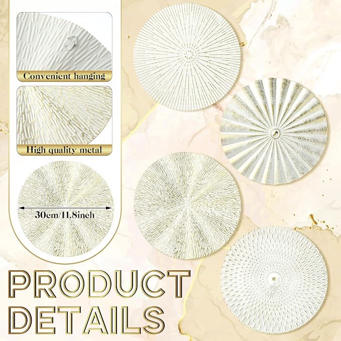 Hicarer 4 Pcs 12 Inch White Gold Metal Wall Art Decor Modern Sunburst Hanging Artwork Decor Wall Decorations for Home Bedroom Bathroom Living Room Office Sculpture