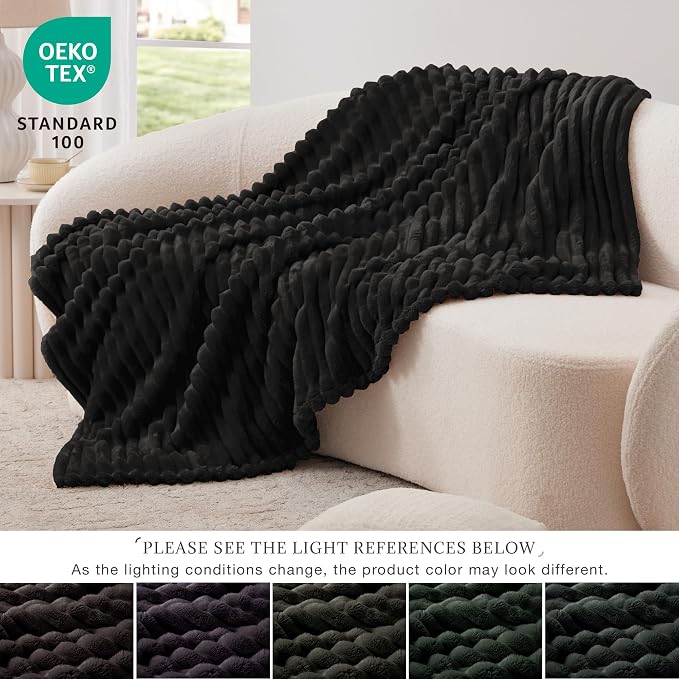 EXQ Home King Size Blanket for Bed or Couch - 3D Stripe Jacquard Decorative Fleece Blankets - Cozy Soft Lightweight Fuzzy Flannel Blanket Suitable for All Seasons(90"×108",Black)
