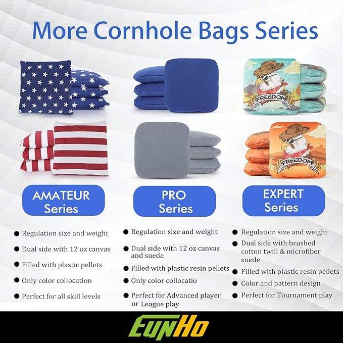 EunHo Regulation Cornhole Bags Set of 8 - Dual Sided Slick and Stick Cornhole Bean Bags for Tossing Game Professional All Weather Pro Corn Hole Bags with Tote Bag