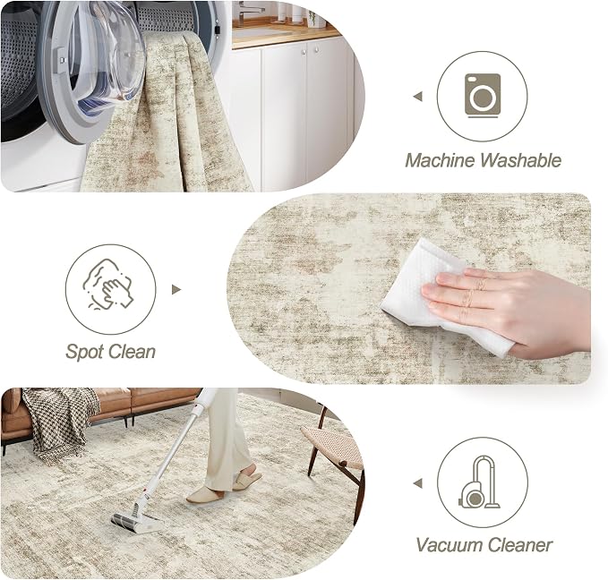 Soalmost 10x14 Area Rugs for Living Room Washable Rug Abstract Beige/Gray | Non-Slip Large Modern Carpet for Dining Bedroom, Soft Low Pile Lightweight Foldable Floor Mat Nursery Home Office Decor