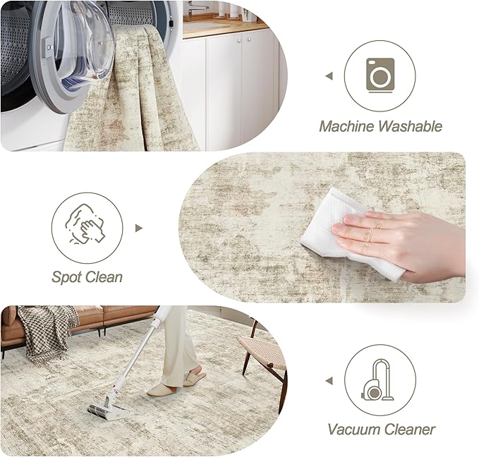 Soalmost Abstract Rug 8x10 Large Living Room Area Rugs Washable Beige/Gray | Modern Non-Slip Carpet for Dining Bedroom, Stain Resistant Foldable Thin Low Pile Floor Mat Under Table Home Office Decor