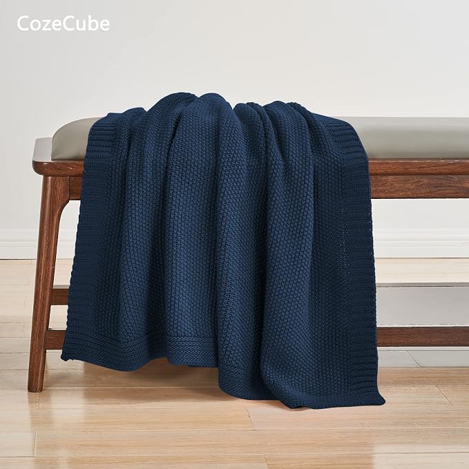 CozeCube Navy Blue Seed Stitch Throw Blanket 60"x80", Farmhouse Decor | Blanket for Couch, Soft Cozy Cable Knit Throw for Bed Sofa Living Room, Lightweight Warm Decorative Christmas Blanket
