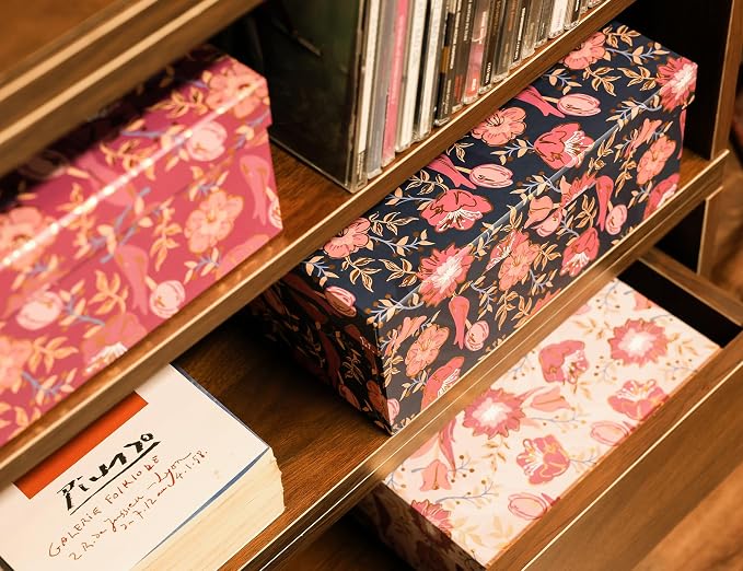 3-Piece Decorative Storage Boxes with Lids, Tulip Cherry Blossom with Gold Foil, Cardboard Paperboard Keepsake box Set, Photo Storage Box for Memory, Home Decor, Modern Decoration Organizer