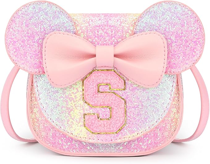 mibasies Toddler Purse Girl Gifts: Girls Birthday Gifts for 3-8 - Toys for Ages 2-4 Girls Mouse Ears Purse, Glitter Rainbow, Letter S