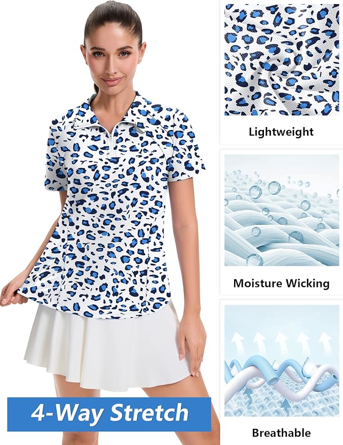 LOMON Womens Golf Polo Shirt Summer Short Sleeve Quarter Zip Outfit | Side-Pockets,Princess Seams,Cotton,Wrinkle Free,Moisture Wicking,Quick-Dry,Lightweight,Collared,for Tennis Workout