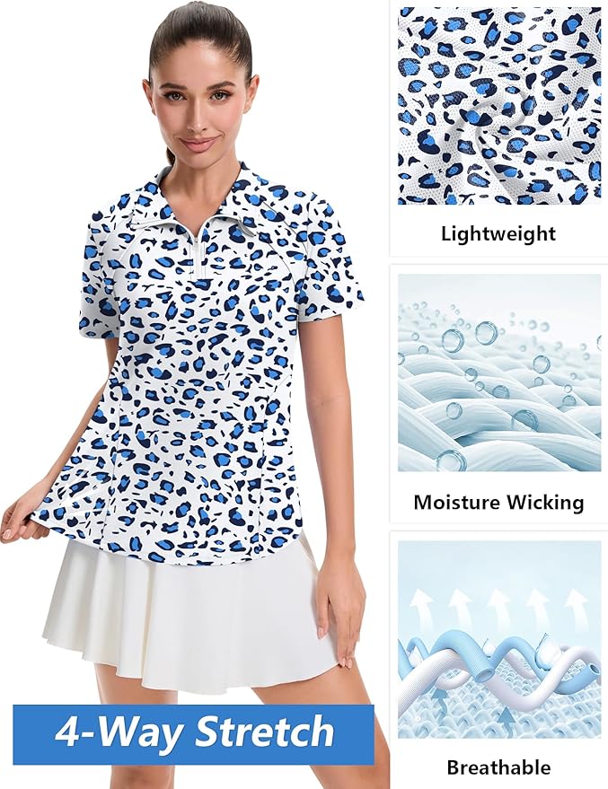 LOMON Womens Golf Polo Shirt Summer Short Sleeve Quarter Zip Outfit | Side-Pockets,Princess Seams,Cotton,Wrinkle Free,Moisture Wicking,Quick-Dry,Lightweight,Collared,for Tennis Workout