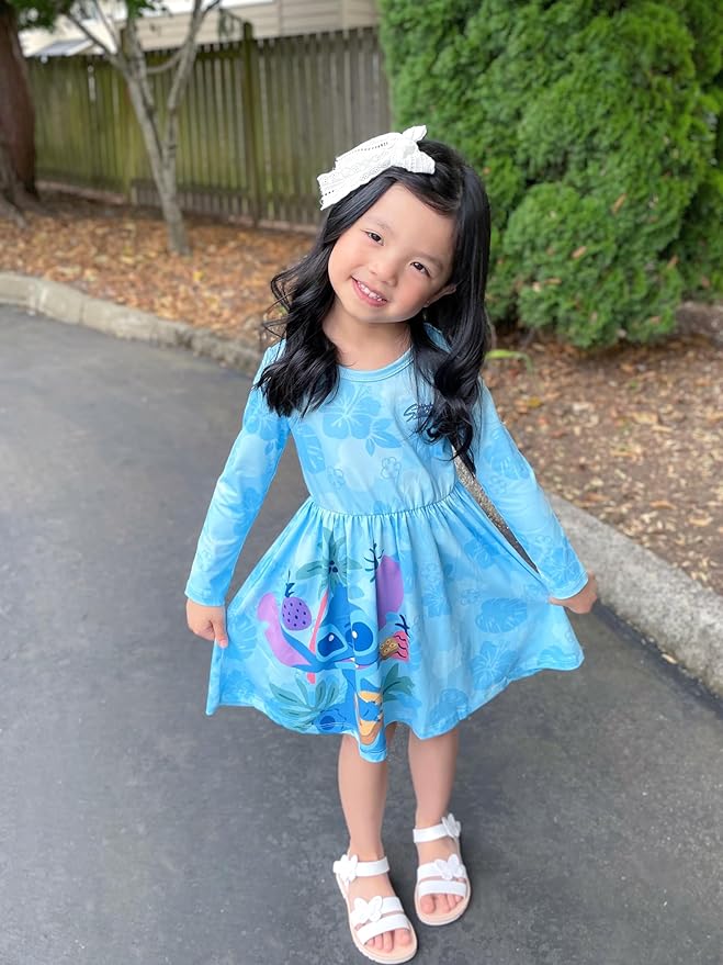 Disney Frozen Elsa Stitch Princess Minnie Mouse Toddler Girl Dresses 2 Pack Ruffle Long Sleeve Dress Set (3 Months - 6 Years)