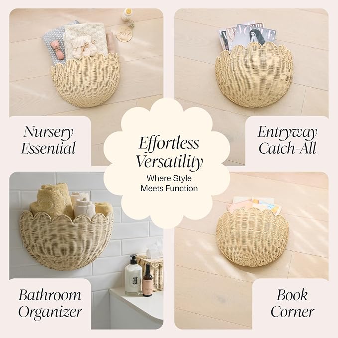 BEBE BASK Scalloped Wicker Wall Basket - The Original - 16 x 10 x 7 In | Handwoven Basket, Scalloped Décor Wall Hanging Baskets, Hanging Wall Basket, Rattan Wall Storage Basket for Home (Natural)