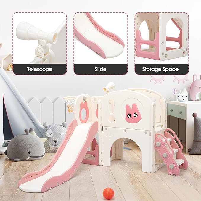 NYEEKOY 8-in-1 Toddler Slide and Climber Playset, Kids Slide Playground with Stairs, Tunnel, Telescope, Storage, Basketball Hoop and Ball, Indoor Outdoor, 1-3 Years Old, Pink