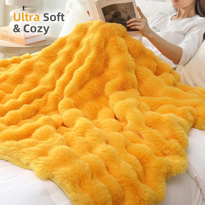Faux Fur Throw for Couch - Mustard Yellow Bubble Blanket 60"x80" | Fluffy Plush Fuzzy Throw for Sofa & Bed, Super Soft Cozy Comfrt Blanket, Luxury Aesthetic Yellow Decor Gift for Women