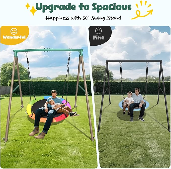 Hapfan 50" Large Saucer Swing with Frame for Kids Outdoor, 6.5 ft Tall 500 lbs Swing Sets for Backyard, Heavy Duty Metal Outdoor Swingset for Adults