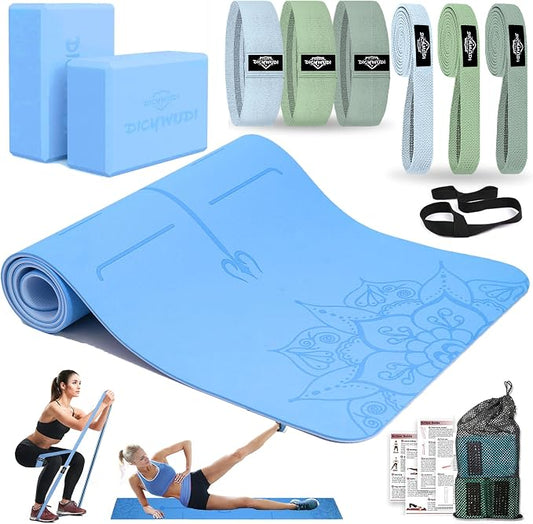 DICYWUDI Yoga Mat Thick, 6 Fabric Resistance Bands, 2 Pack Yoga Blocks, Home Workout Equipment Essentials Starter Kit for Beginners Full Body Toning