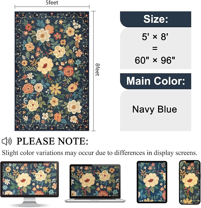 DUKINO 5x8 Area Rug for Bedroom, Floral Washable Rug Non Slip, Navy Blue | Low Pile, Non-Shedding, Soft Indoor Rug for Living Room, Dining Room, Kids Room, Office, Nursery, Pet Friendly, Home Decor