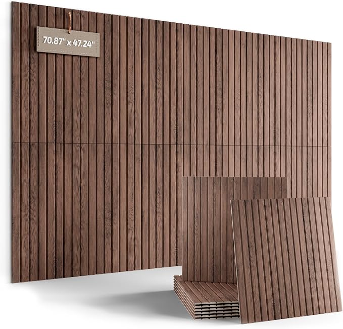 Fluxynara 6-Pack Large Felt Bulletin Board, Walnut Slat | 70.87" x 47.24" Cork Board Alternative, Acoustic Wall Panels with 60 Adhesive Tabs for Recording Studios and Home Offices