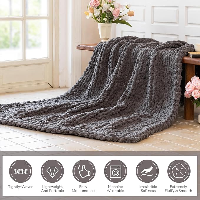Chunky Knit Blanket - Luxury Soft Cozy 50 * 60 Throw Blanket,100% Woven Blanket Rope Knot Throw Blanket for Couch, Sofa, Home Decor, Gift - Machine Washable (Black Gray, 50 * 60)